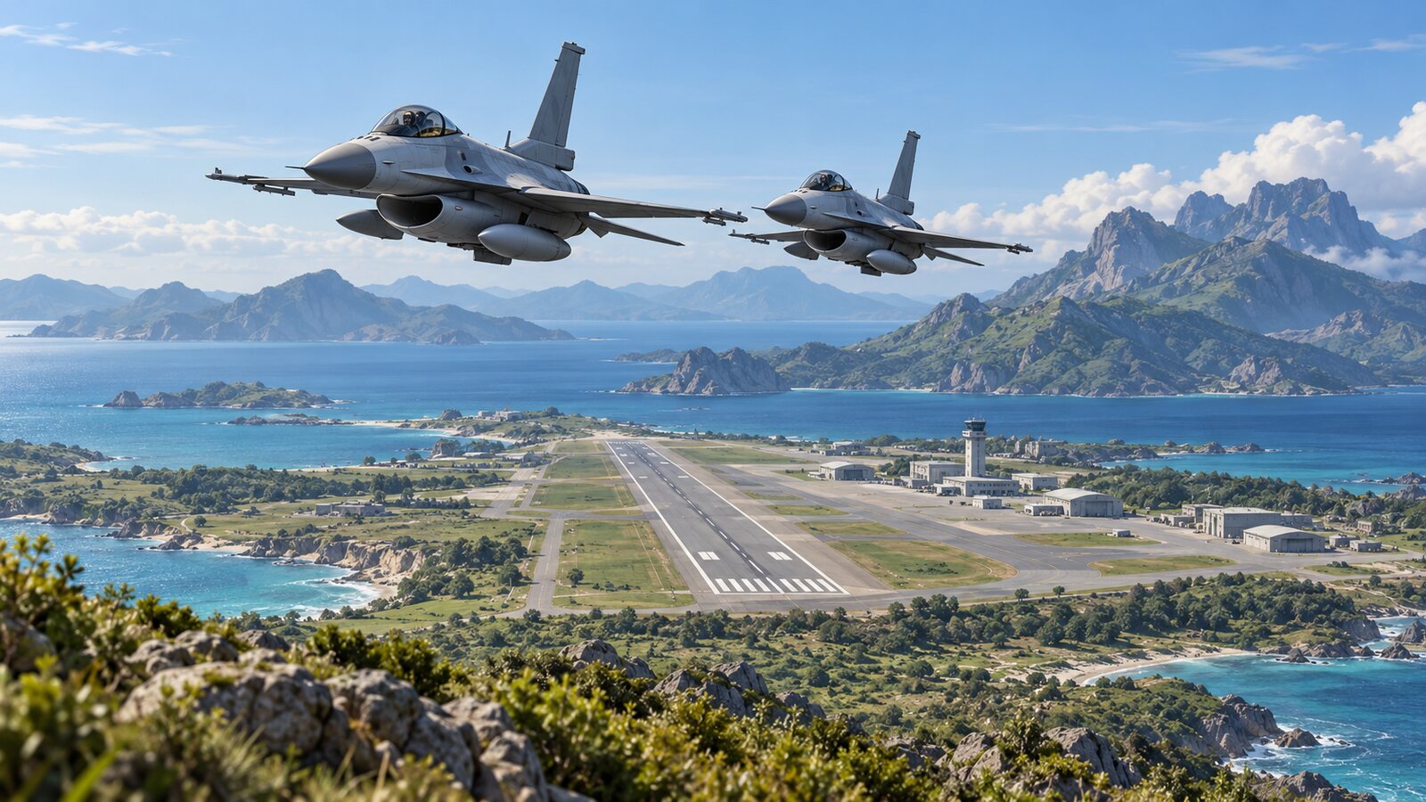 AI-generated illustration of two fictional unbranded fighter aircraft arriving at an island air base; it is not a photograph of Taiwan's F-16V delivery.