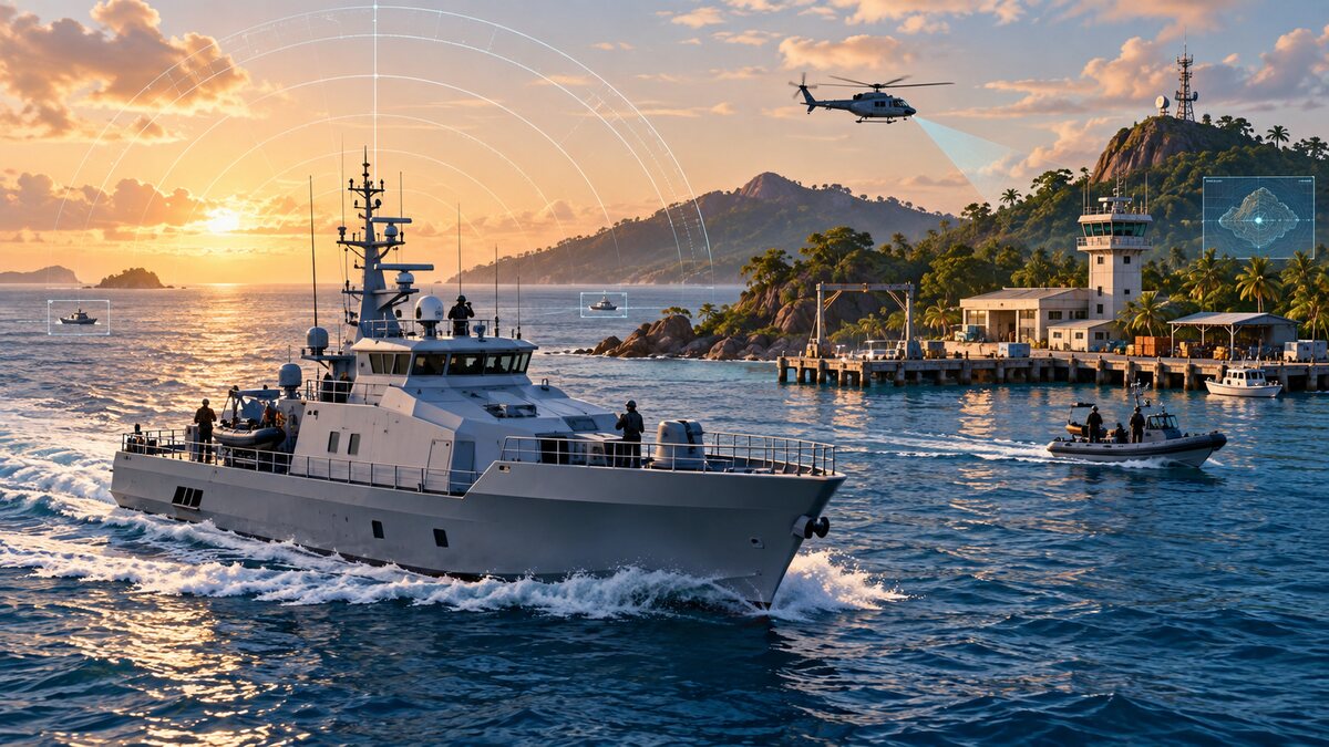 AI-generated illustration. A fictional unmarked patrol vessel approaches a tropical island outpost; it does not depict the Pratas deployment or a real coast-guard ship.
