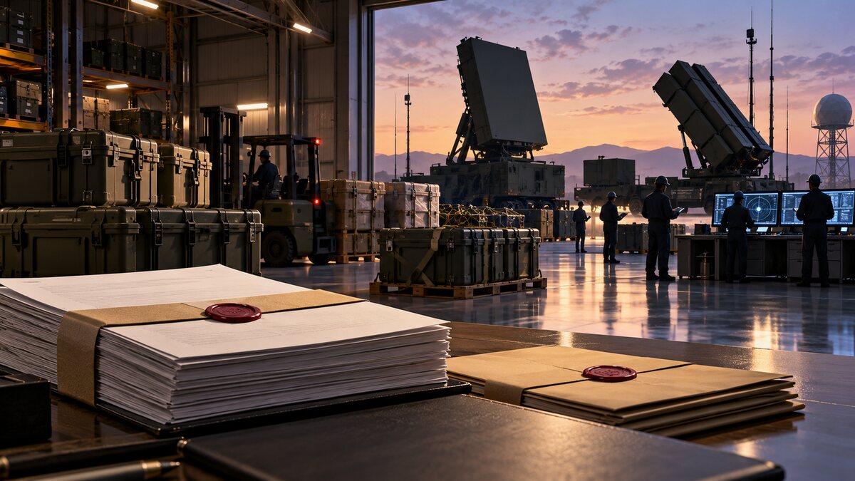 AI-generated illustration. Abstract procurement documents and fictional defensive-system silhouettes appear in a secure hangar; no real weapon or facility is shown.