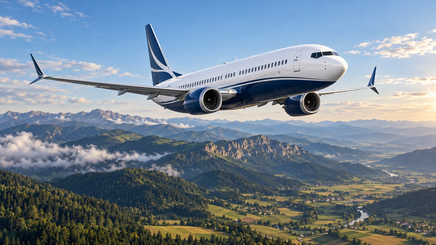 AI-generated illustration of a white and navy passenger jet over a stylized Romanian mountain landscape; not the delivered TAROM aircraft.