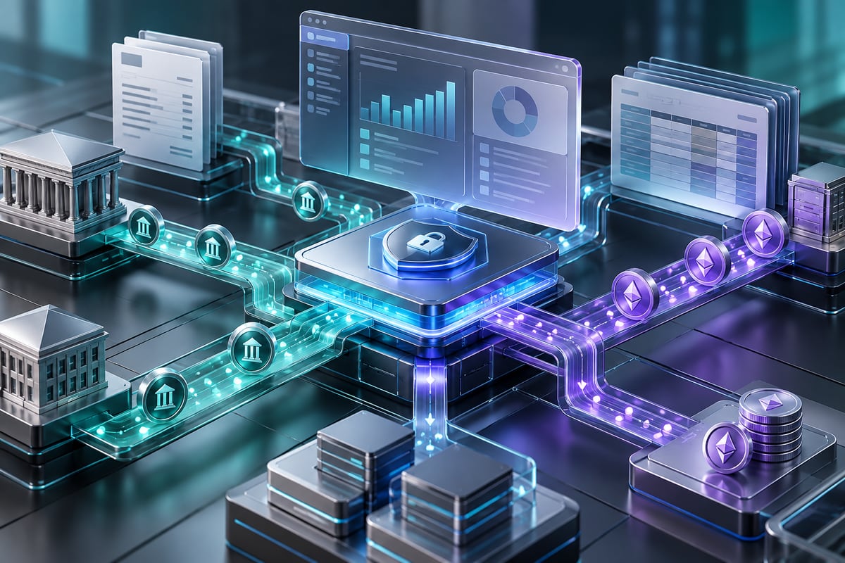 AI-generated illustration of conventional and digital payment rails inside an enterprise-software architecture; it is not a real SAP Pay interface.