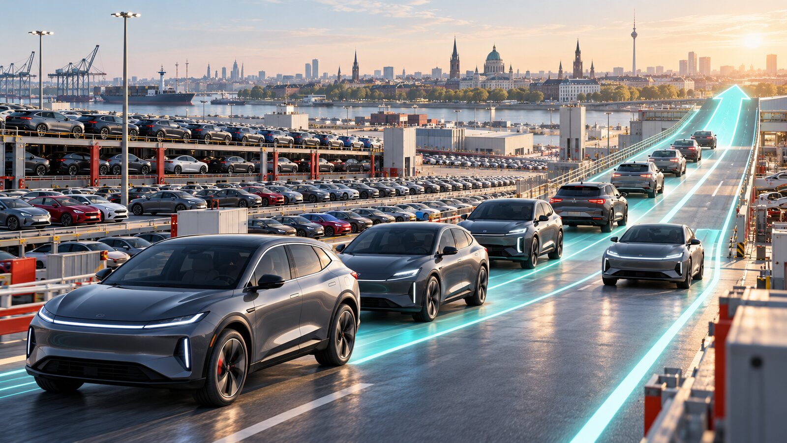 AI-generated illustration of rows of fictional unbranded electric cars moving through a delivery yard; it is not a photograph of Tesla vehicles or facilities.
