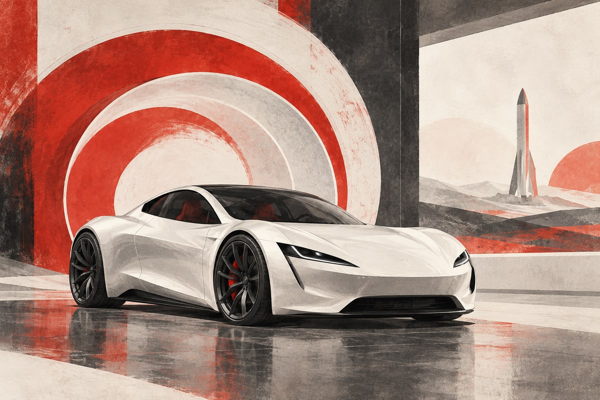 Illustrated white electric sports car resting on the ground in a conceptual studio