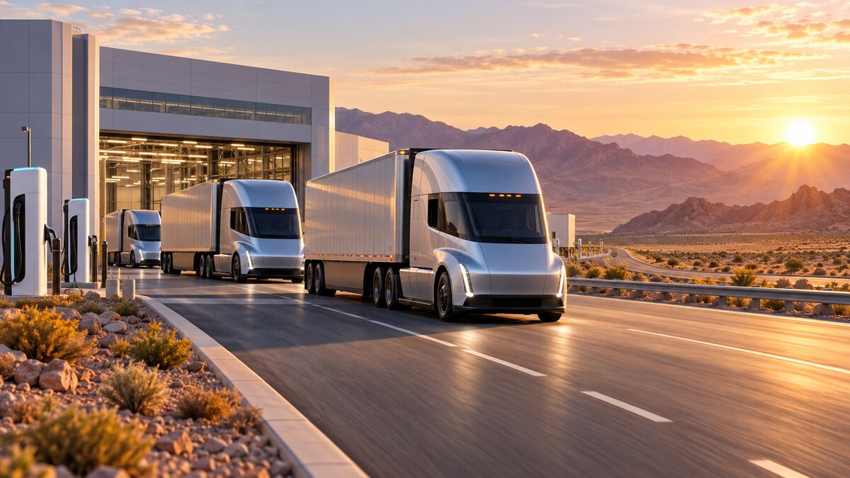 AI-generated illustration of fictional unbranded electric semi trucks leaving a desert-edge factory; it is not the actual Tesla delivery event.