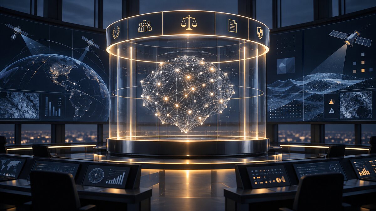 AI-generated illustration. An abstract protected AI decision network inside a conceptual operations room; not a Thales system or military operation.