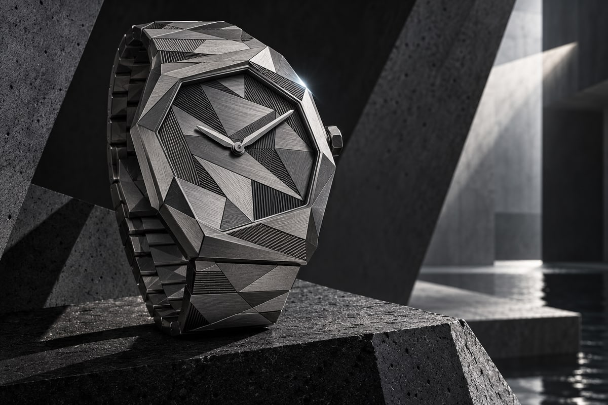 Conceptual asymmetric titanium watch with an engraved dazzle pattern