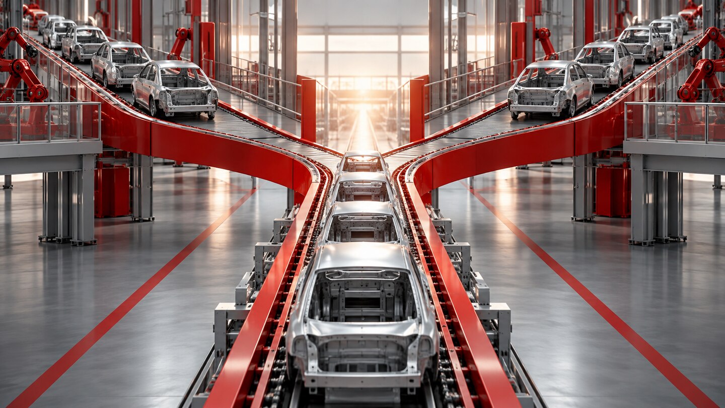 AI-generated illustration. Conceptual converging automotive assembly lines; not a Toyota, GAC or FAW factory.