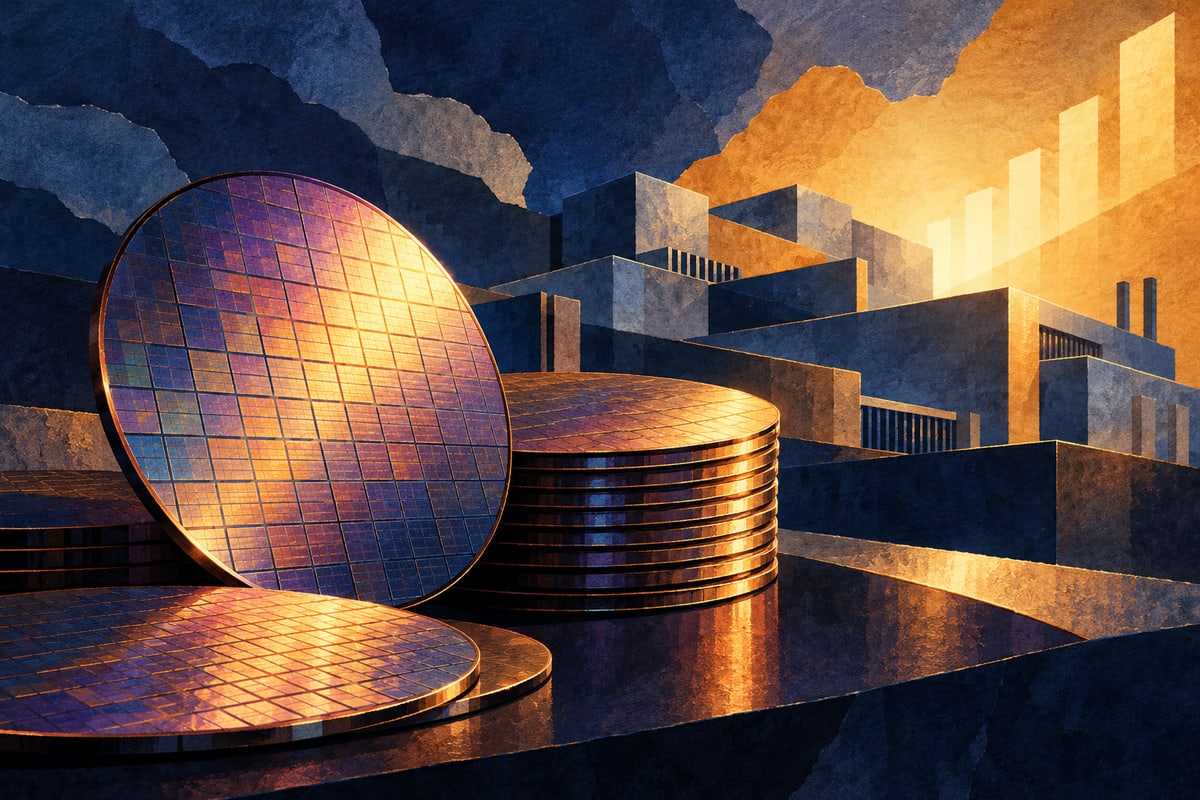 Conceptual illustration of silicon wafers and abstract factory blocks