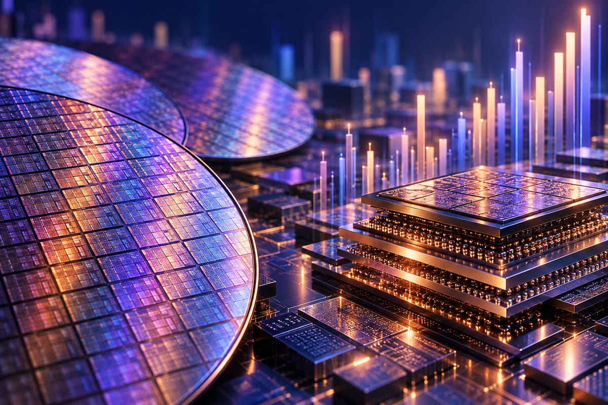 Conceptual illustration of silicon wafers, advanced chip packaging and rising data columns