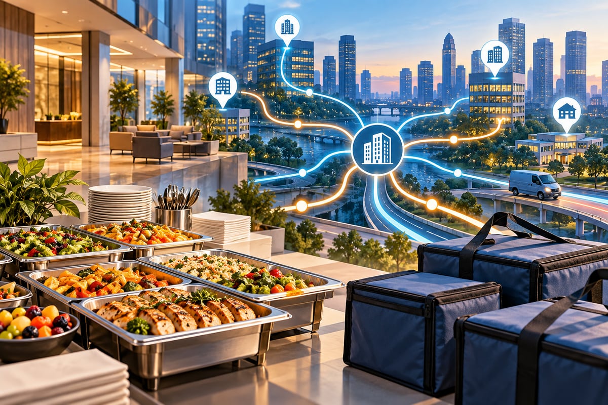 AI-generated illustration of corporate catering trays and delivery routes; it is not a photograph of Uber, ezCater or an actual order.