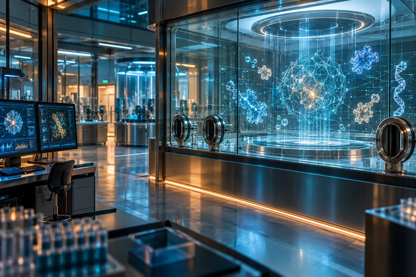 Original conceptual secure laboratory where an AI lattice scans harmless molecular forms