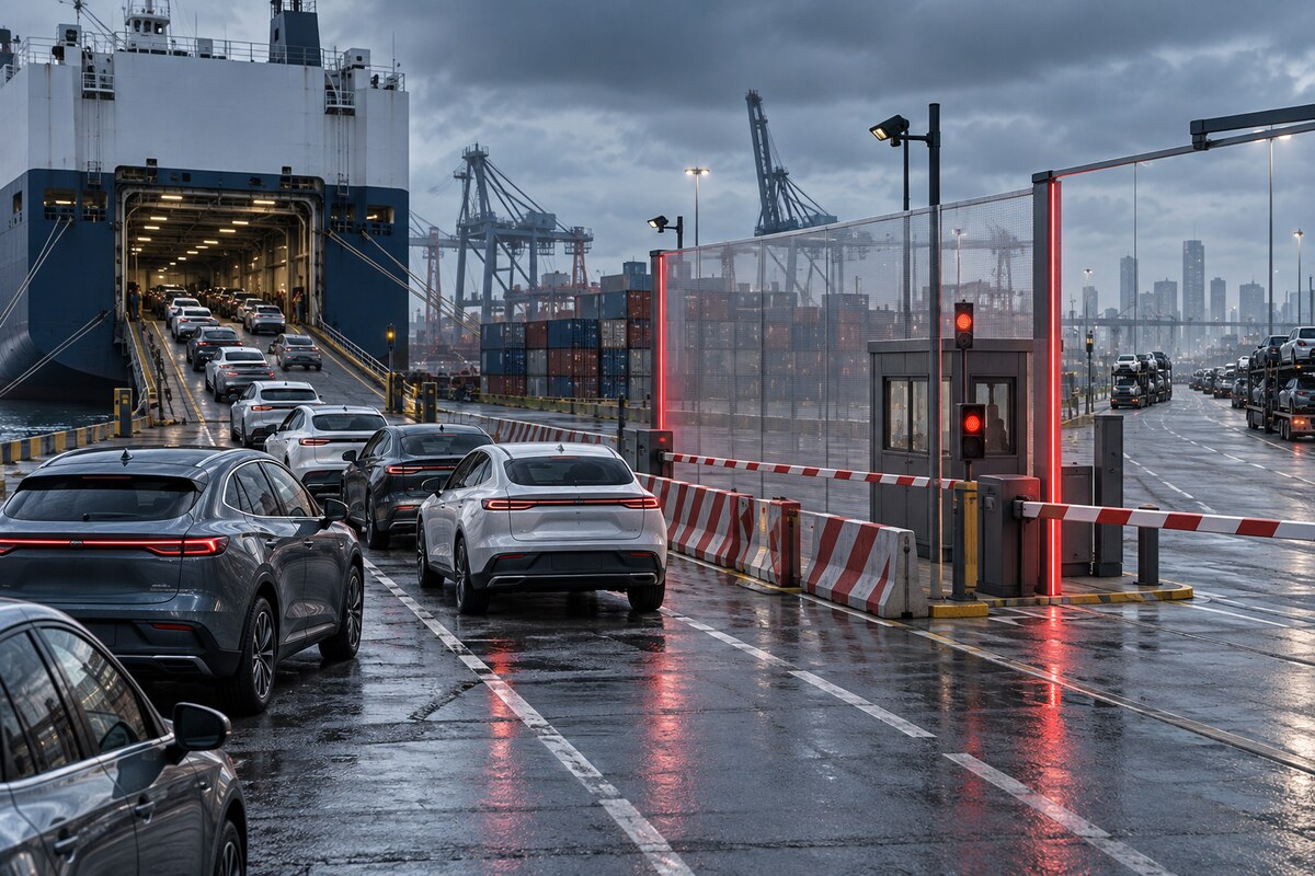 AI-generated illustration of generic electric cars waiting at a British port customs checkpoint; it is not a photograph of an actual shipment or tariff action.
