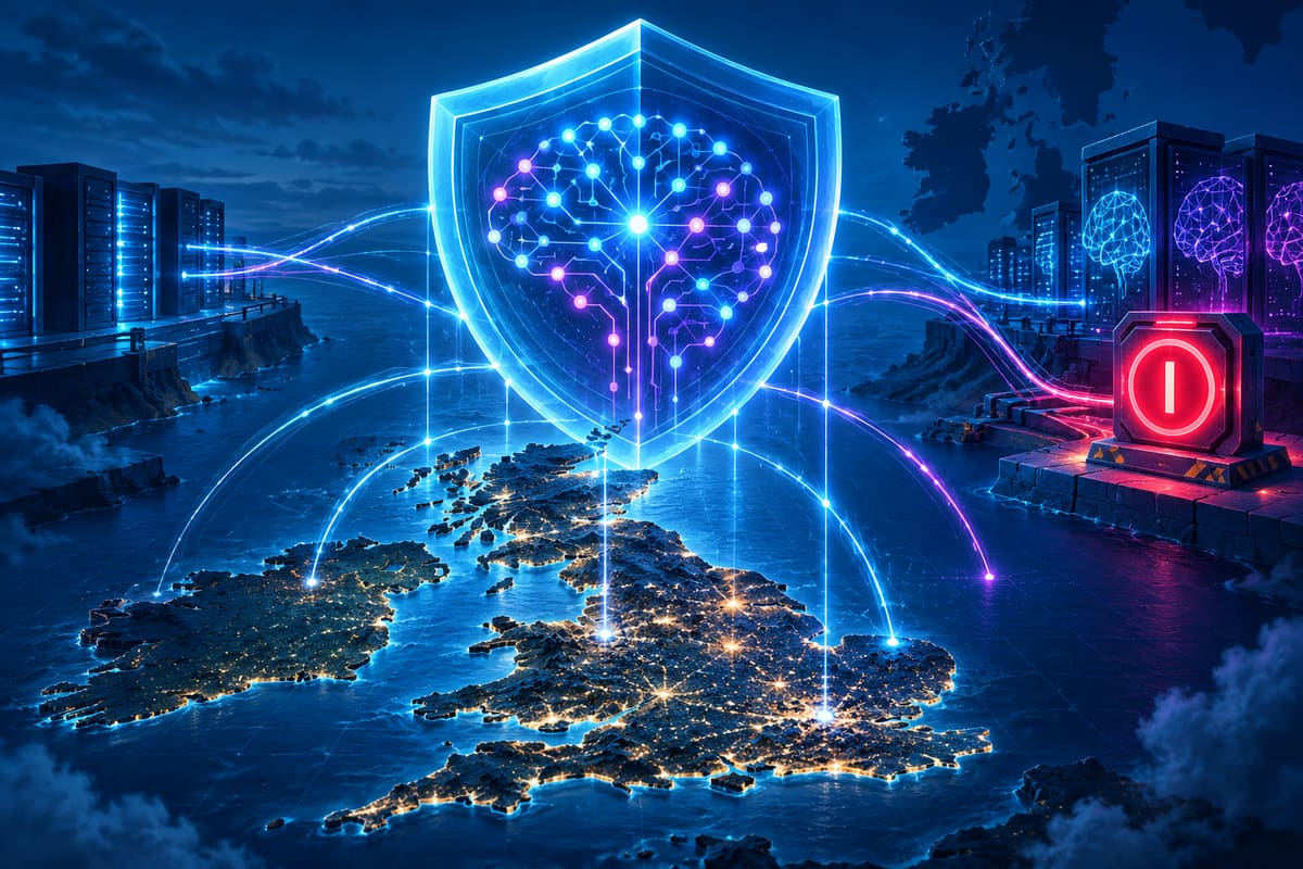 Conceptual illustration of a digital shield protecting neural-network infrastructure over Britain