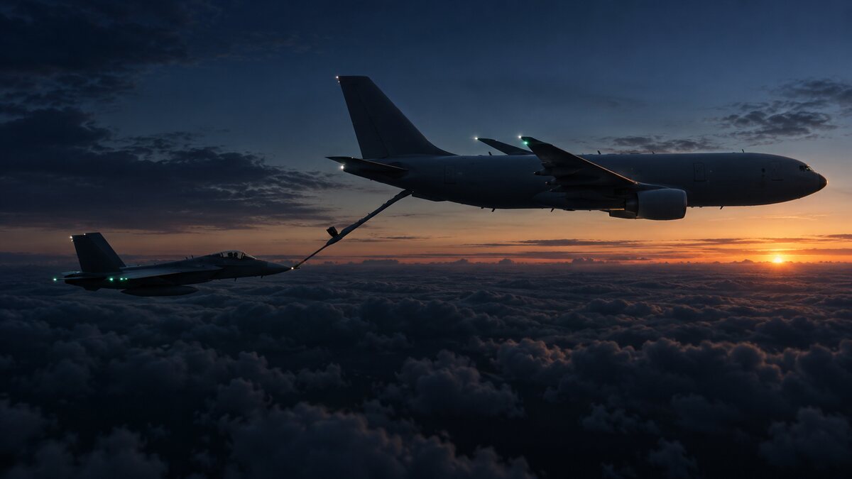 AI-generated illustration. Two unmarked generic aircraft conduct a conceptual refuelling link above clouds; not a British Voyager or real operation.