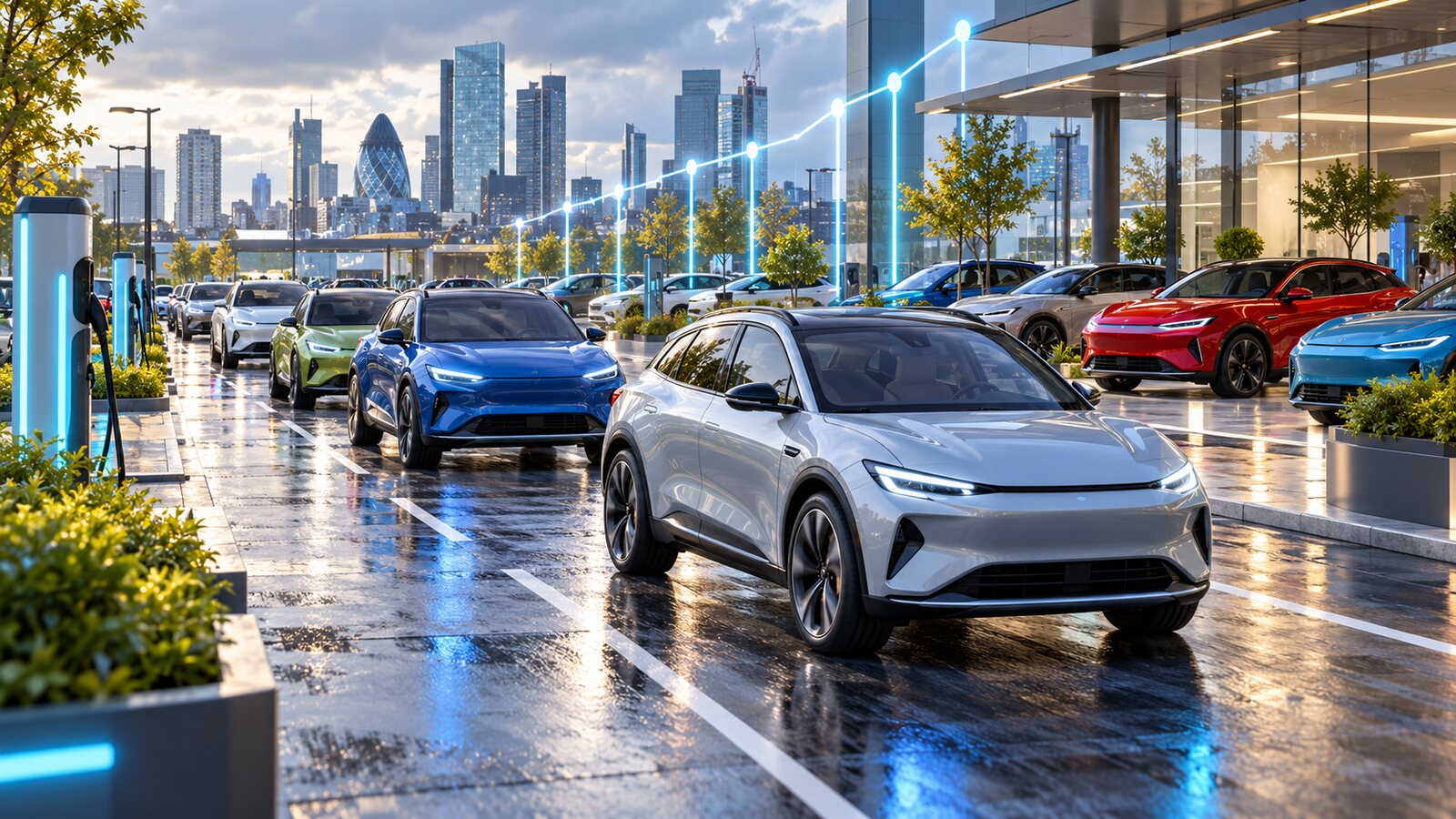 AI-generated illustration of fictional electric cars in a rain-brightened British dealership district; it is not a photograph of September registrations or real models.