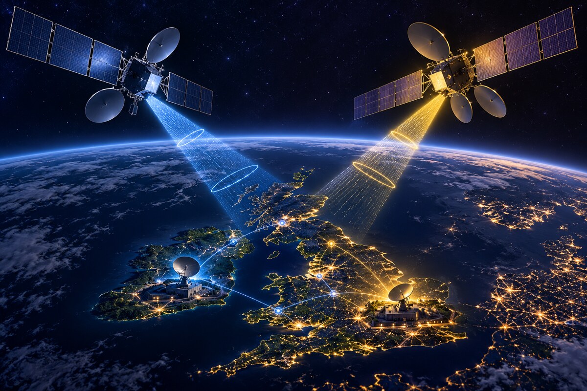 AI-generated illustration of two fictional communications satellites sending secure beams toward the British Isles; it is not a photograph or official SkyNet 6 design.