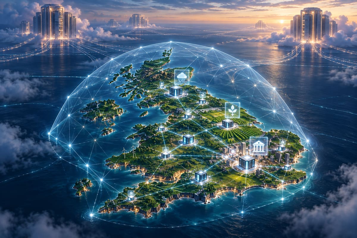 Conceptual illustration of a protected island network powered by locally controlled AI nodes