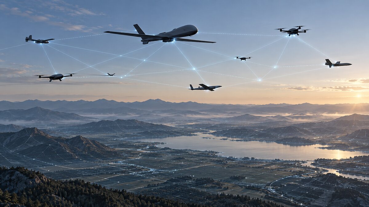 AI-generated illustration of unbranded drones connected by an abstract coordination network; it is not battlefield footage or a real system.