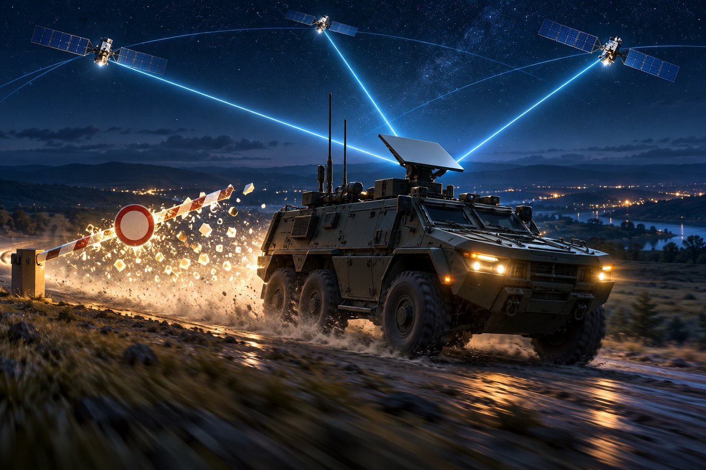 Original conceptual illustration of a fast communications vehicle reconnecting to satellites at night