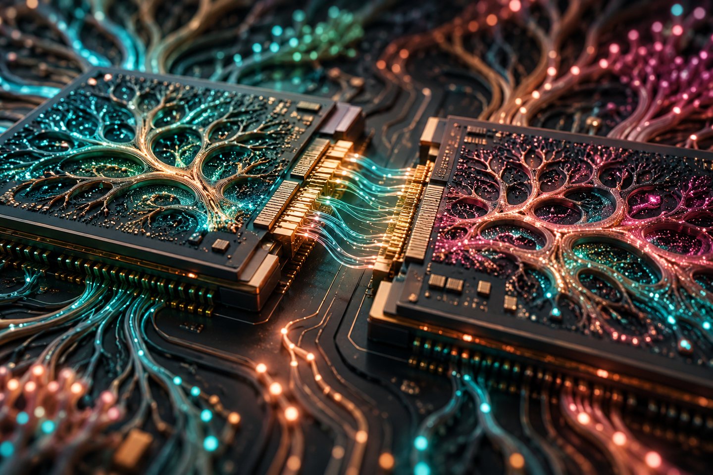 Original conceptual illustration of two biologically inspired AI processors joining through an energy-efficient interface