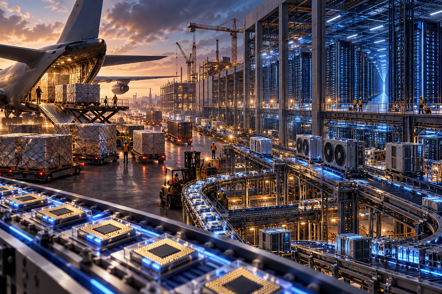 Original conceptual illustration of aircraft, freight and chips converging on a data-center construction site