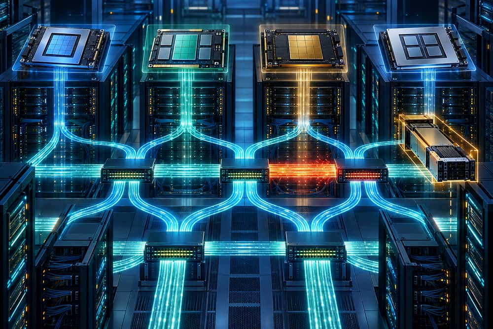 AI-generated illustration of different accelerator chips linked through a luminous data-center fabric with diagnostics; it is not a photograph or official Upscale AI rendering.