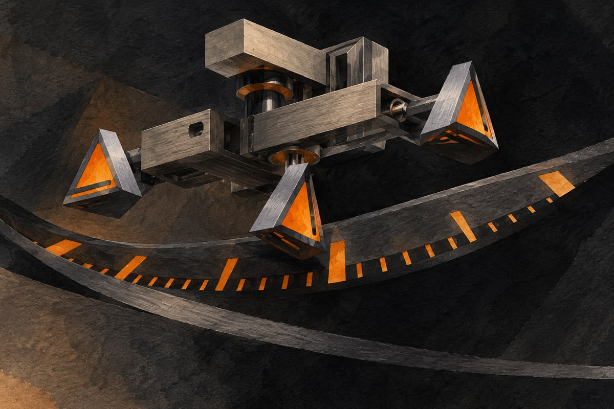 Abstract titanium T-shaped kinetic sculpture with triangular prisms and a curved arc
