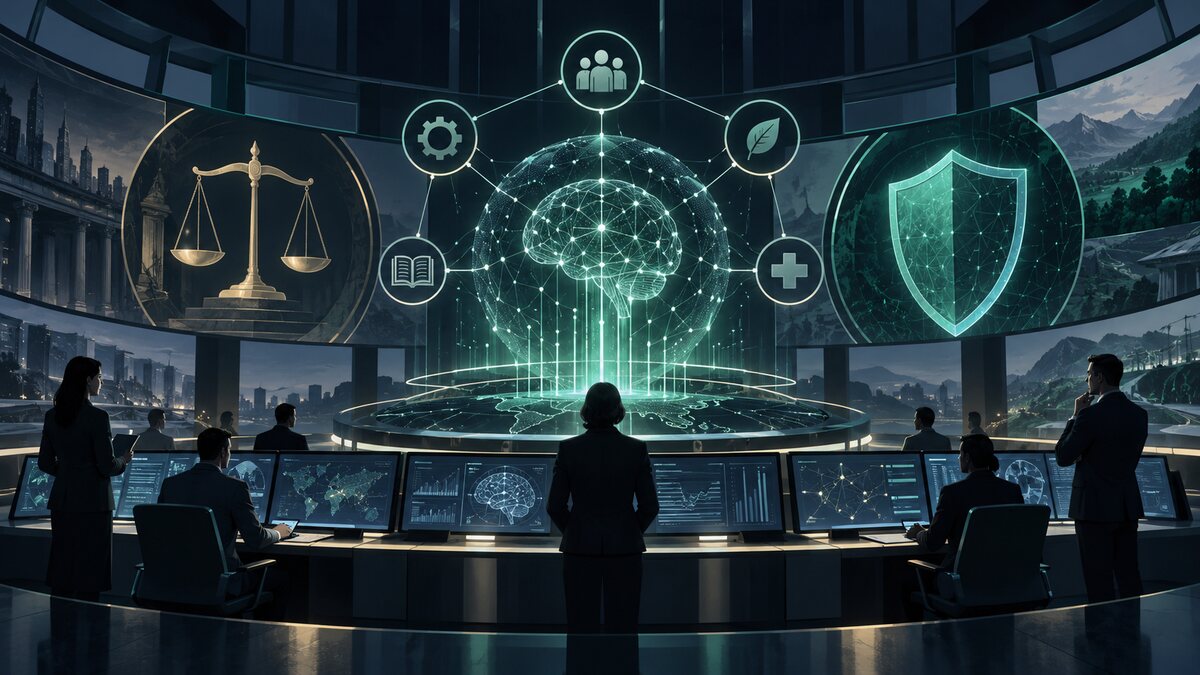 AI-generated illustration. An abstract public-sector AI command hub with governance scales and a shield; not a government office or official program.
