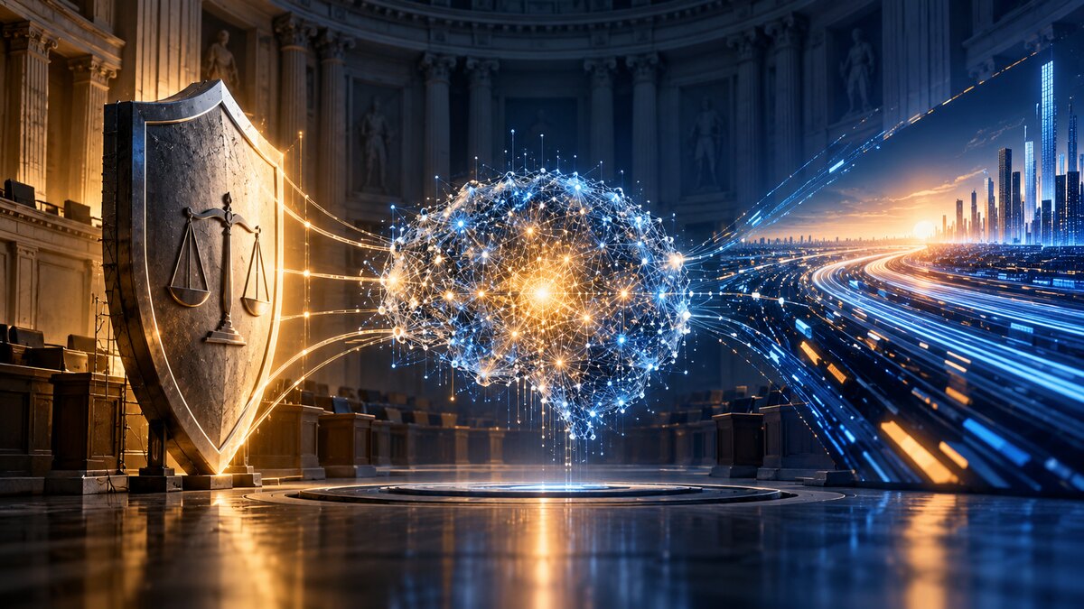 AI-generated illustration of a neural network between a protective shield and an accelerating digital city; it is not a photograph of any policymaker.
