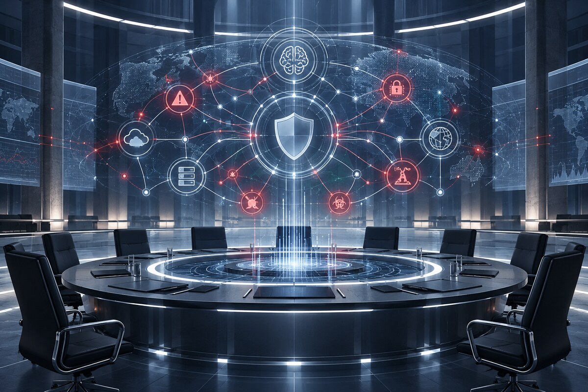 AI-generated illustration of an empty circular policy table beneath an abstract AI risk network; it is not a photograph of a White House meeting or task force.