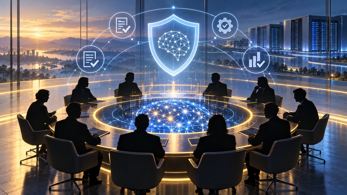 AI-generated illustration of anonymous executives discussing AI safeguards around an abstract audit shield; it is not a photograph of the White House meeting.
