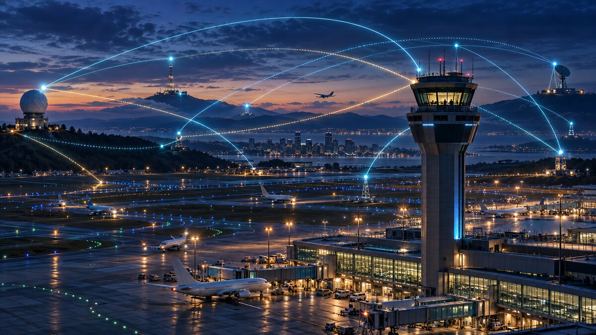 AI-generated illustration. A generic control tower and airports are linked by multiple luminous communication routes; it does not depict the outage.