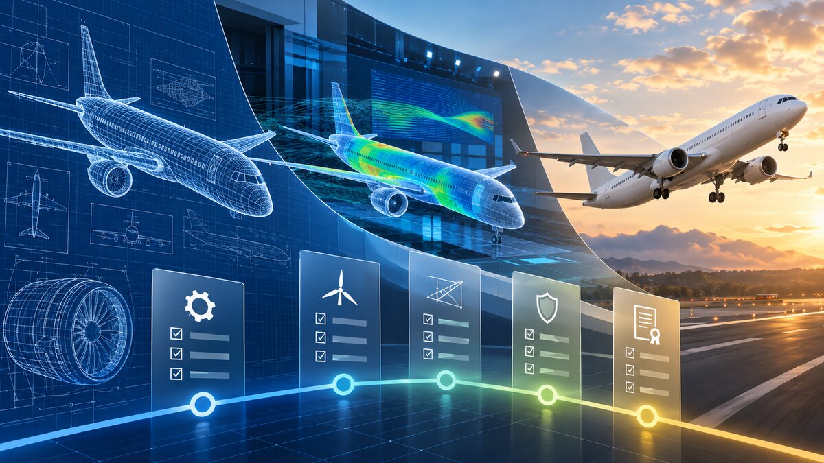 AI-generated illustration of a generic airliner moving from digital certification tests into flight; it is not a photograph of a specific aircraft program.