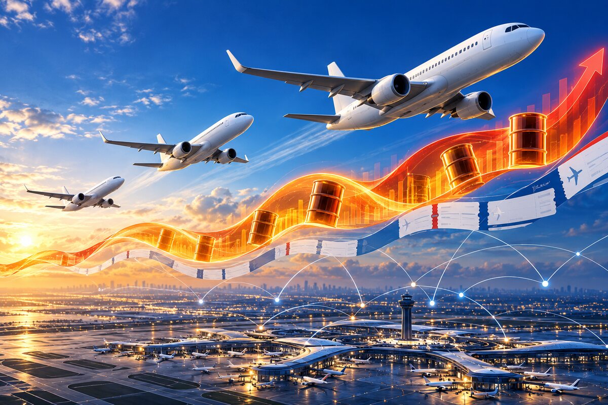 Original conceptual passenger aircraft above an airport, rising fuel costs and ticket-price geometry