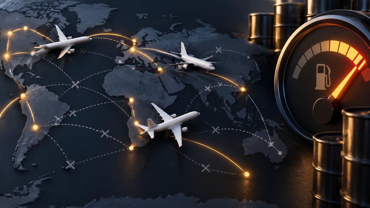 AI-generated illustration. Conceptual unbranded aircraft models on a route map beside a fuel gauge; not an airline fleet or a real schedule display.