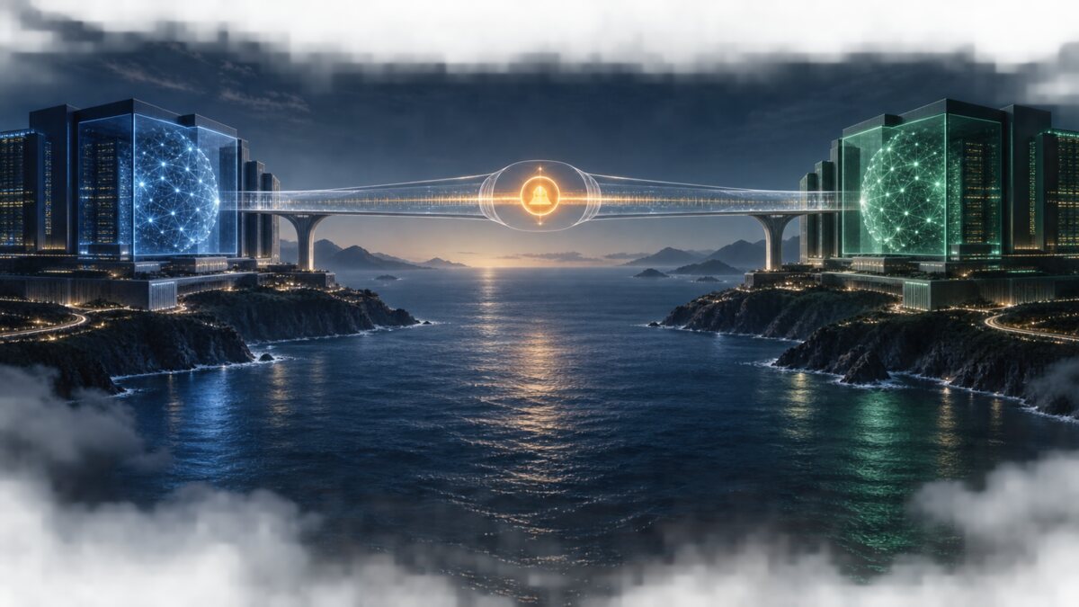 AI-generated illustration. Two abstract AI hubs exchange a protected alert across a bridge; not a U.S.-China meeting, government system or real incident.