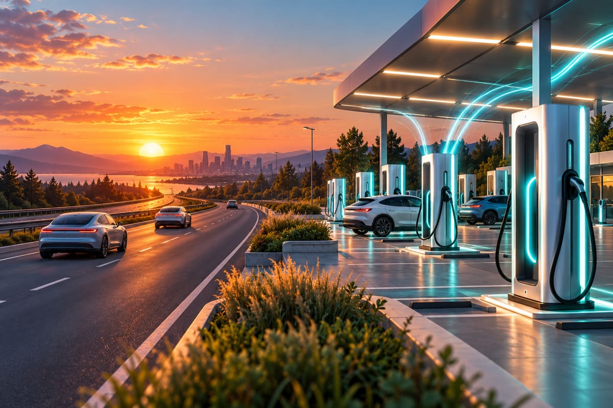 Conceptual illustration of a growing fast-charging plaza beside a quieter electric-vehicle highway