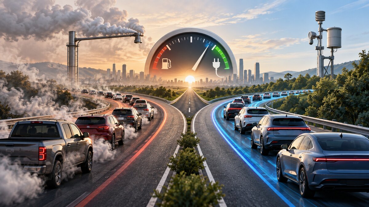 AI-generated illustration of gasoline and electric vehicles traveling beneath a fuel-efficiency gauge; it is not a photograph of a regulatory event.