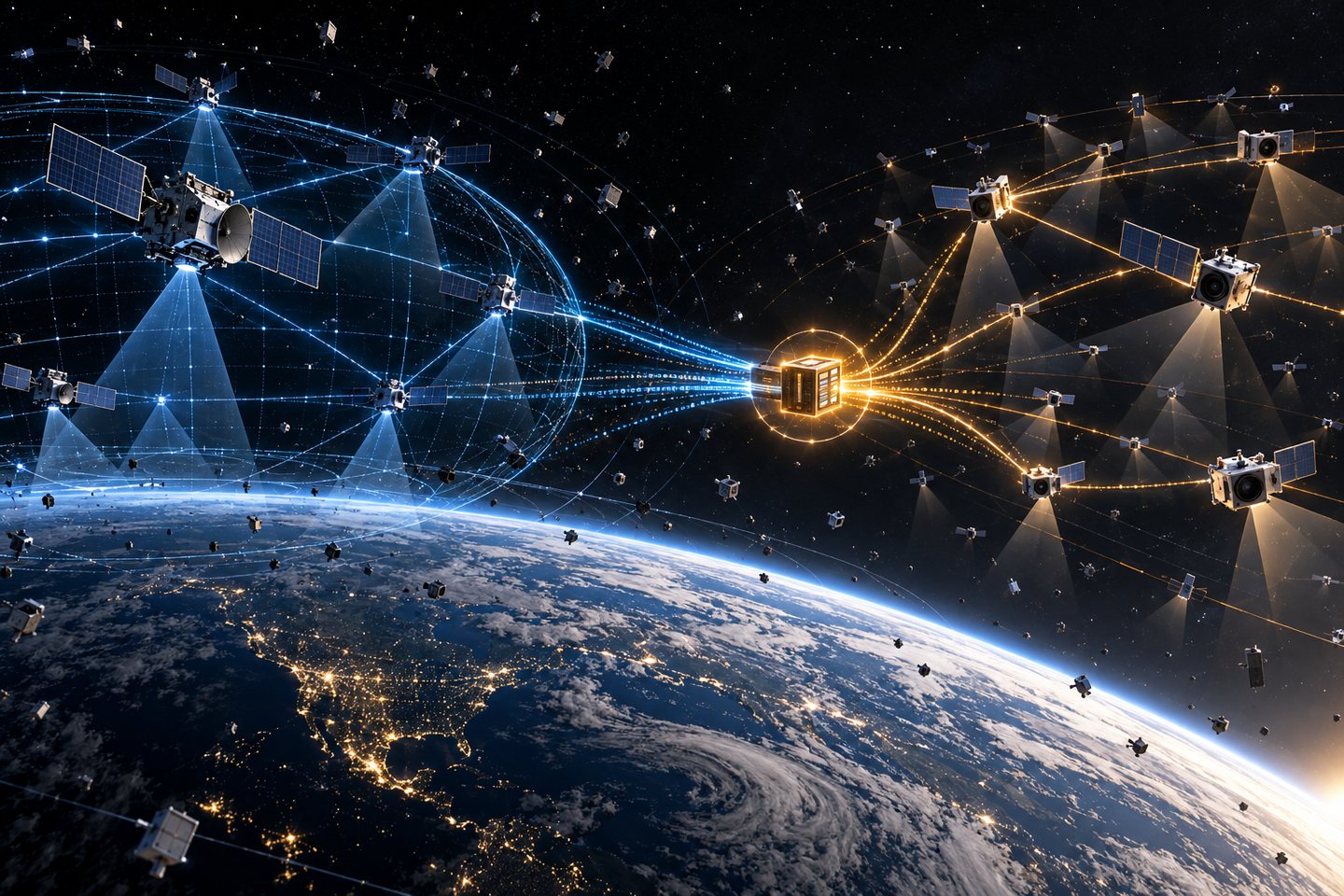 Original conceptual illustration of military and commercial satellite tracking constellations exchanging orbital data through a controlled gateway