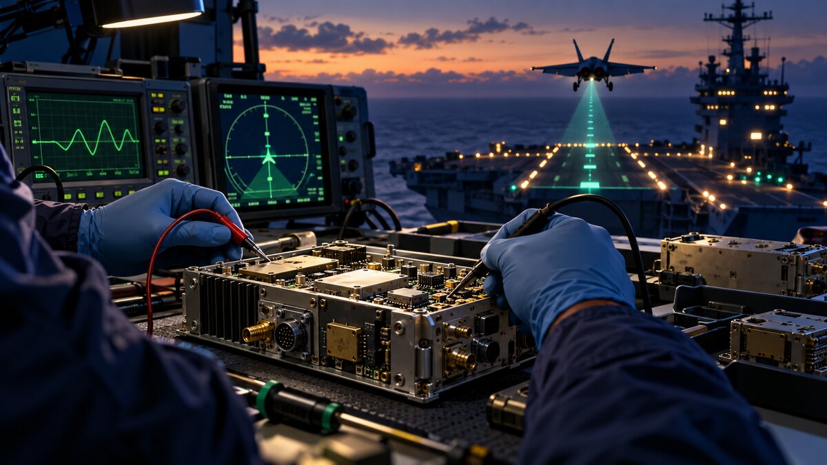 AI-generated illustration of technicians testing generic navigation electronics with a carrier deck in the distance; it is not a photograph of a Navy TACAN system.