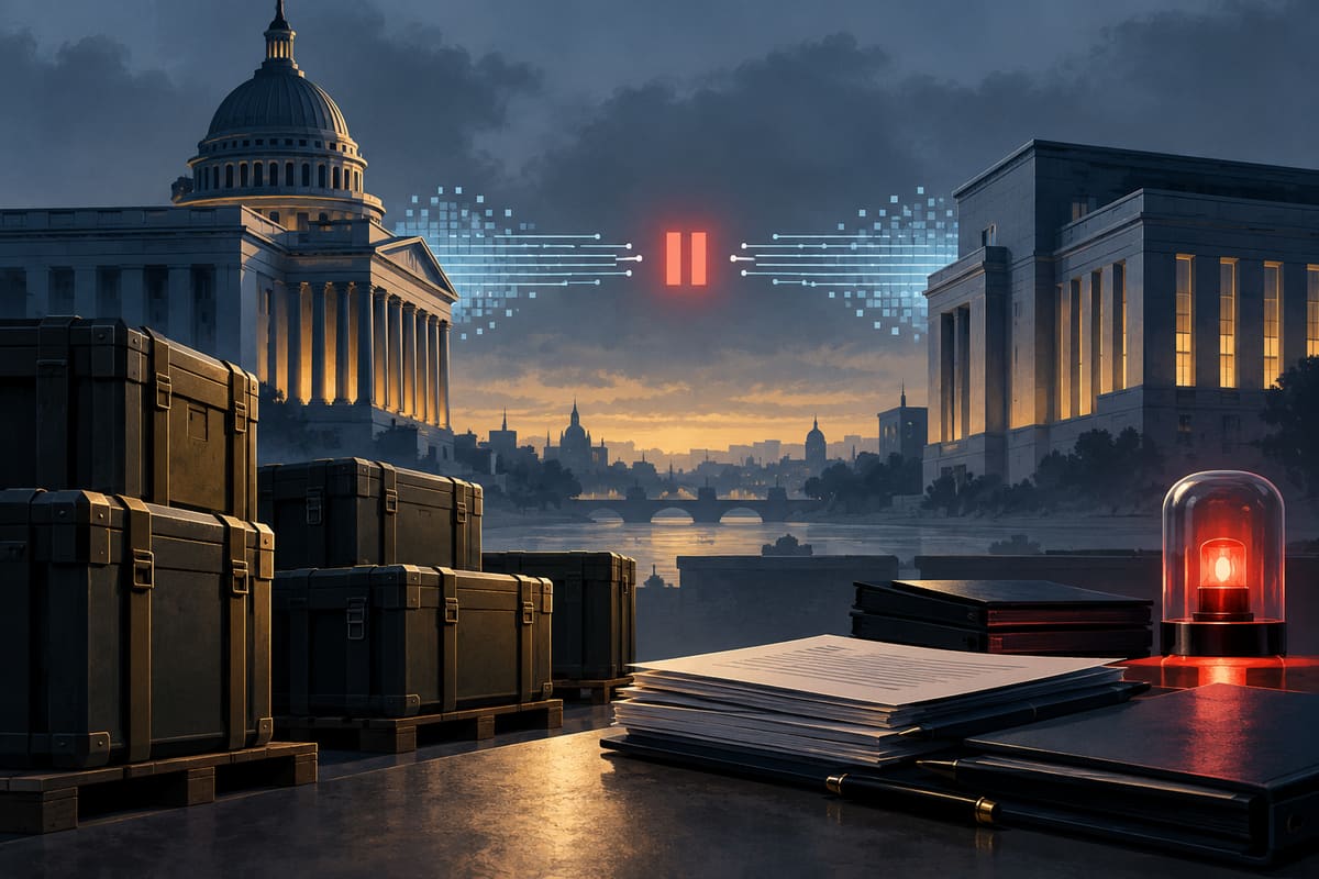Conceptual illustration of paused defence procurement and intelligence links between government buildings