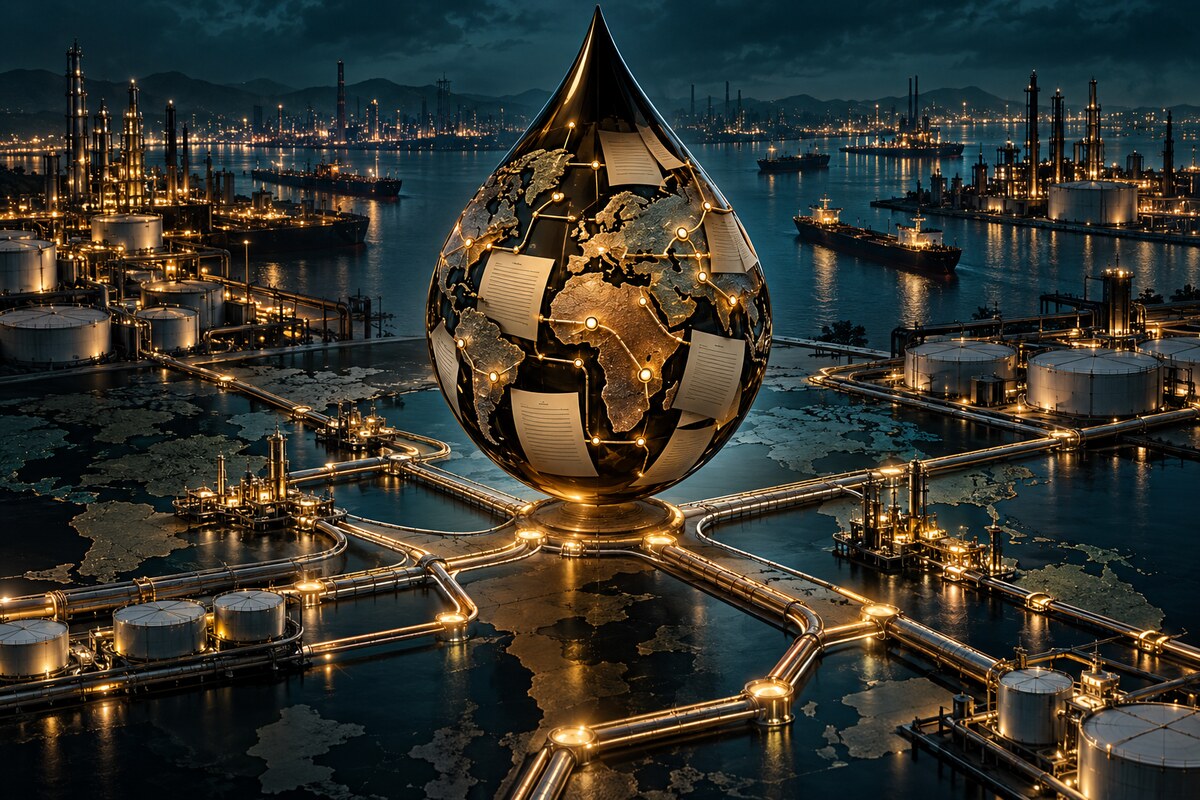 AI-generated illustration of refinery and pipeline assets converging on a contract-shaped oil droplet; it is not a photograph of the reported talks or Lukoil property.