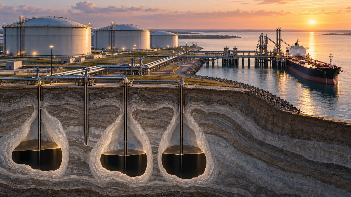 AI-generated illustration of strategic oil storage tanks, pipelines and underground caverns; it is not a photograph of a U.S. reserve facility.