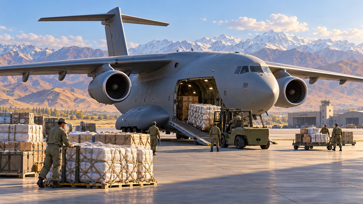AI-generated illustration of an unbranded military transport aircraft and cargo pallets on a mountain-ringed apron; it is not the Uzbekistan delivery ceremony.