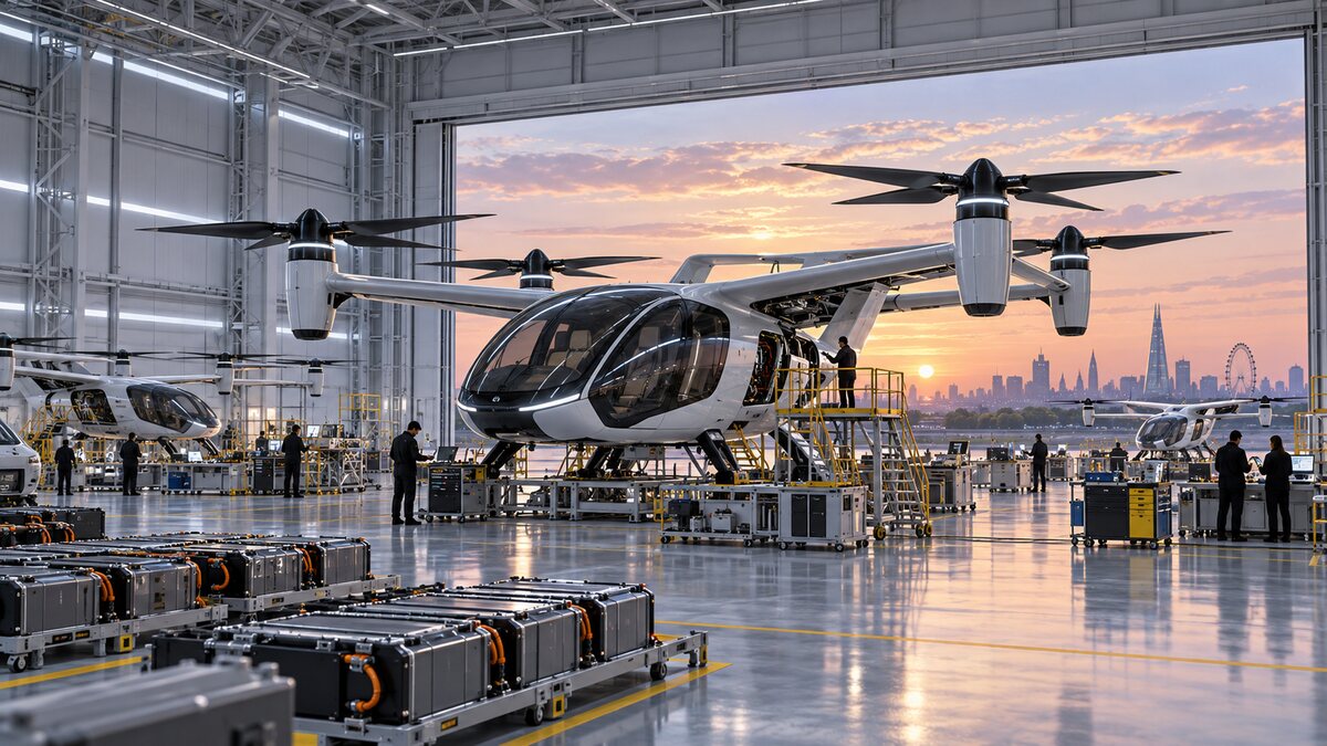 AI-generated illustration of an unbranded eVTOL prototype inside a modern assembly hall; it is not Vertical Aerospace’s actual facility or aircraft.