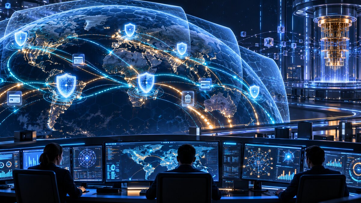 AI-generated illustration of an adaptive cyber-defence network protecting global payment flows; it is not a photograph of Visa's systems.
