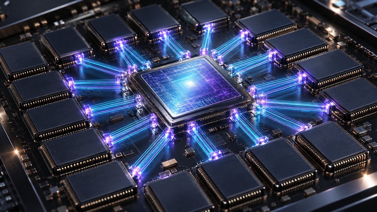 AI-generated illustration of a fictional AI processor connected by beams of light to surrounding memory tiles; it is not a photograph or engineering schematic of Volantis hardware.