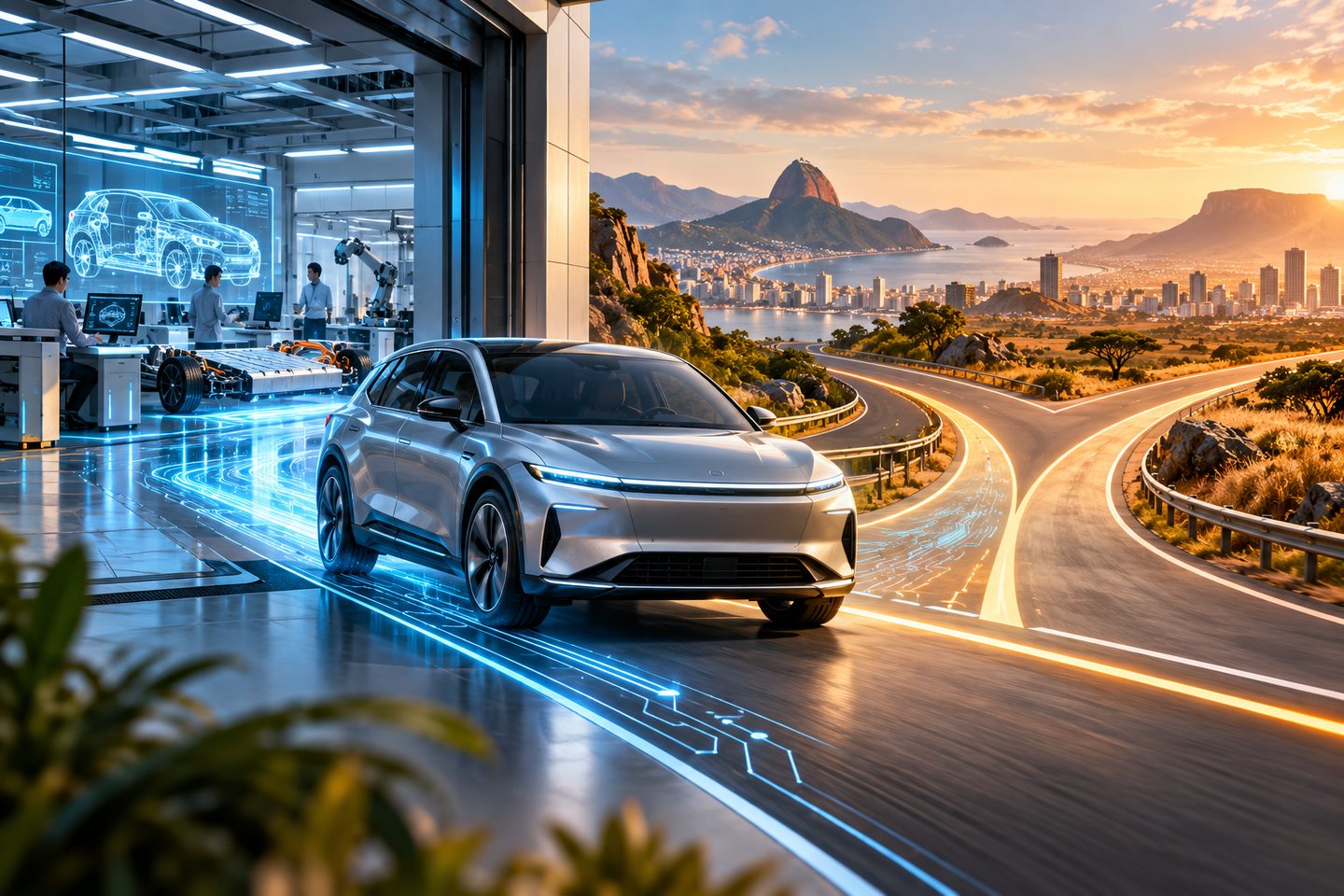Original conceptual illustration of a generic electric vehicle leaving an Asian engineering studio for roads abroad