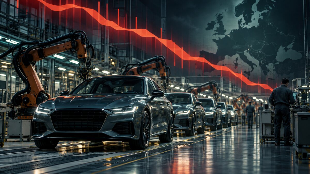 AI-generated illustration. Generic premium cars on a European assembly line beneath a descending financial light ribbon; not Volkswagen or Porsche vehicles or a factory photograph.