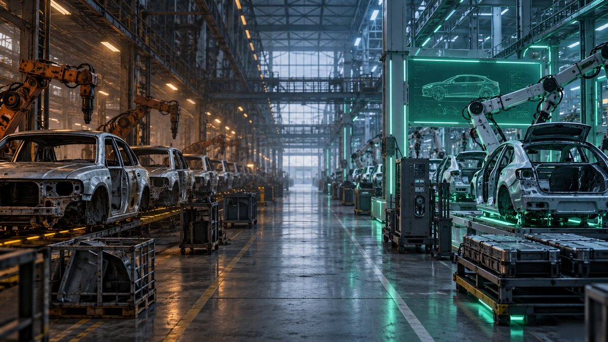 AI-generated illustration. A generic vehicle plant transitions from an older line to a modern electric-car line; not a Volkswagen factory or product.